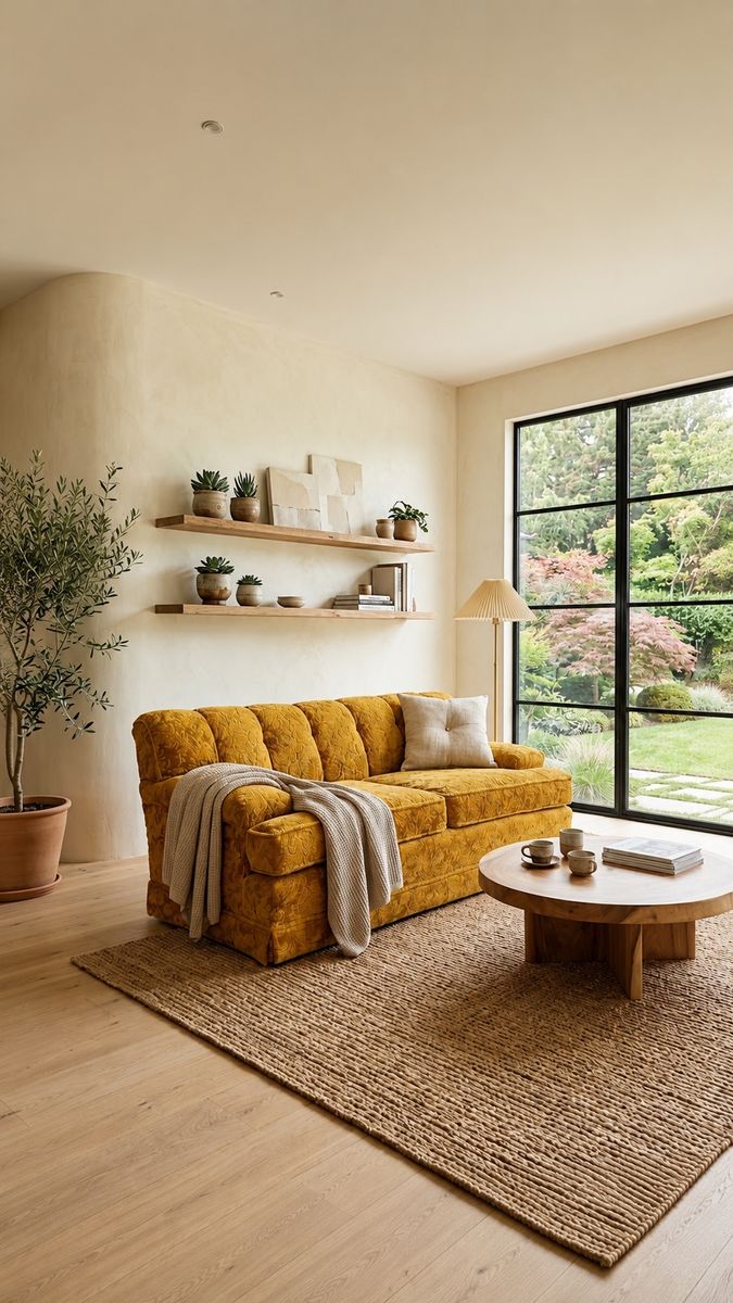 Vintage Mid Century Yellow Floral Velvet Loveseat