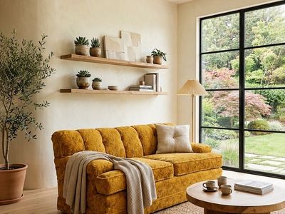 Vintage Mid Century Yellow Floral Velvet Loveseat