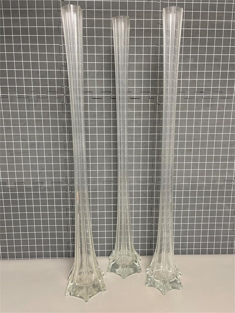 3X 30” TALL CLEAR GLASS TRUNK BUD VASES VINTAGE