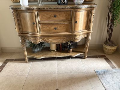 Ornate Wood Buffet Console Table with Marble Top and Storage
