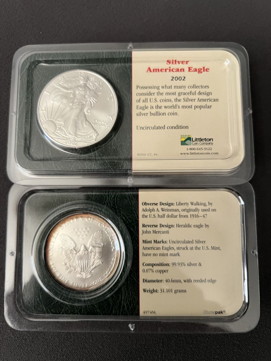 2002 Silver American Eagle Uncirculated Bullion Coin - 1 oz .999 Fine Silver, 40.6mm