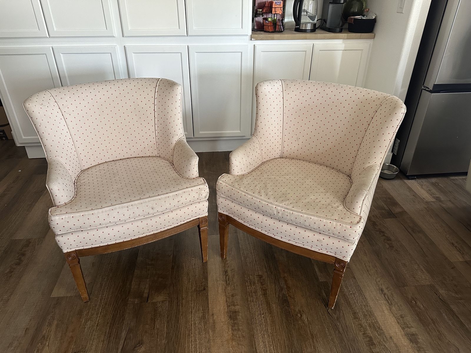 Set of 2 Vintage Upholstered Accent Armchairs with Polka Dot Fabric