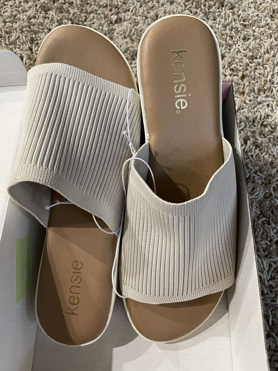Kensie Women's Ellie Knit Platform Slide Sandals - US Size 9, Beige, New with Tags