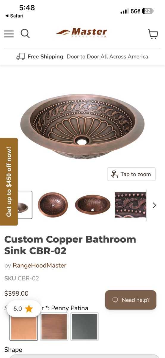 RangeHoodMaster Custom Copper Bathroom Sink CBR-02 Penny Patina