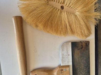 Drywall and Plastering Tool Set Including Marshalltown Knife, Brush, and Hammer