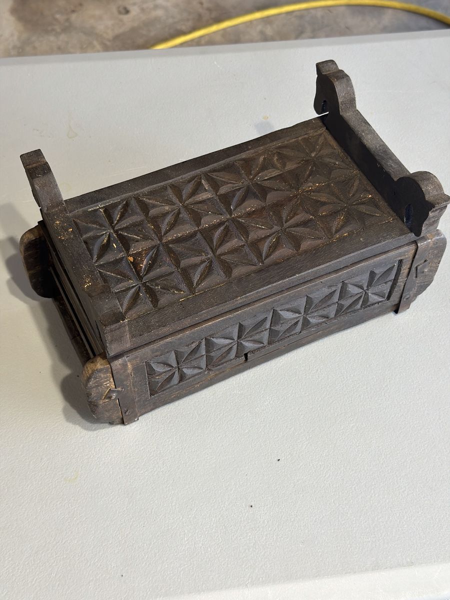 Hand-Carved Wooden Storage Box with Geometric Star Motif