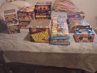 TNT Fireworks Assortment: Bruno, Psychedelic Blast, Powder House, & Glo Fuze Aerials