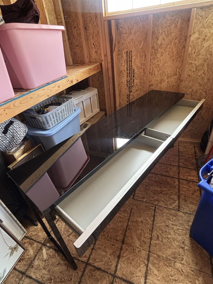 Glass table with drawers 71in x 29.5in x 16in wide