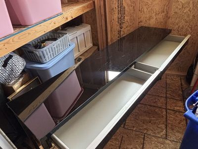 Glass table with drawers 71in x 29.5in x 16in wide
