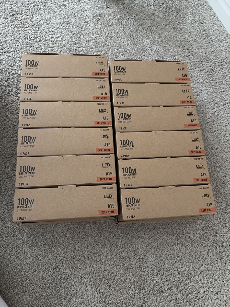 Bulk Lot: 12x 4-Pack LED A19 Soft White 100W Equivalent Light Bulbs (48 Bulbs Total)