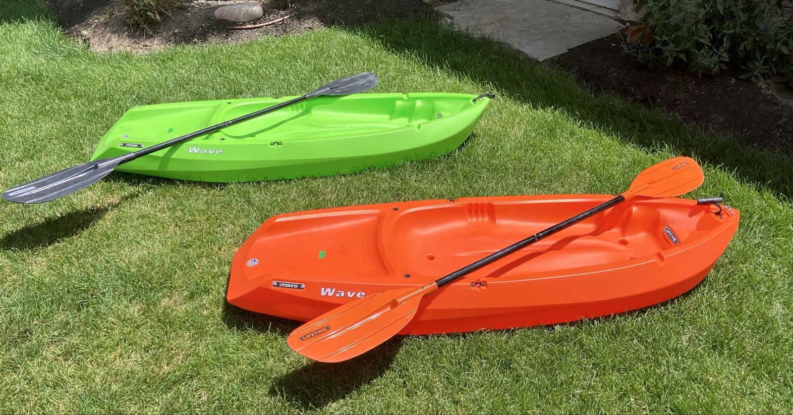 Pair of Lifetime Wave Youth Kayaks with Paddles - Green & Orange, 130 lbs Capacity