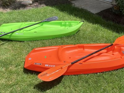 Pair of Lifetime Wave Youth Kayaks with Paddles - Green & Orange, 130 lbs Capacity