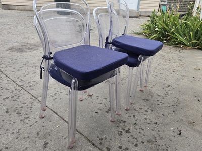Set of 4 Clear Acrylic Dining Chairs with Navy Blue Cushions - Modern Ghost Style Seating