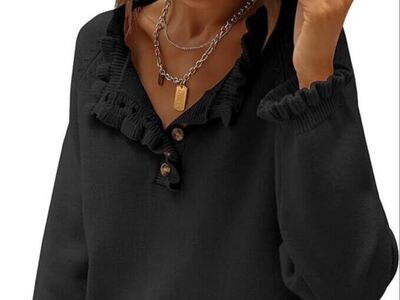 BTFBM Long Sleeve Button Down Ruffle Crew Neck Casual Knitted Pullover Top black sweater size medium $15 cash/venmo in Draper