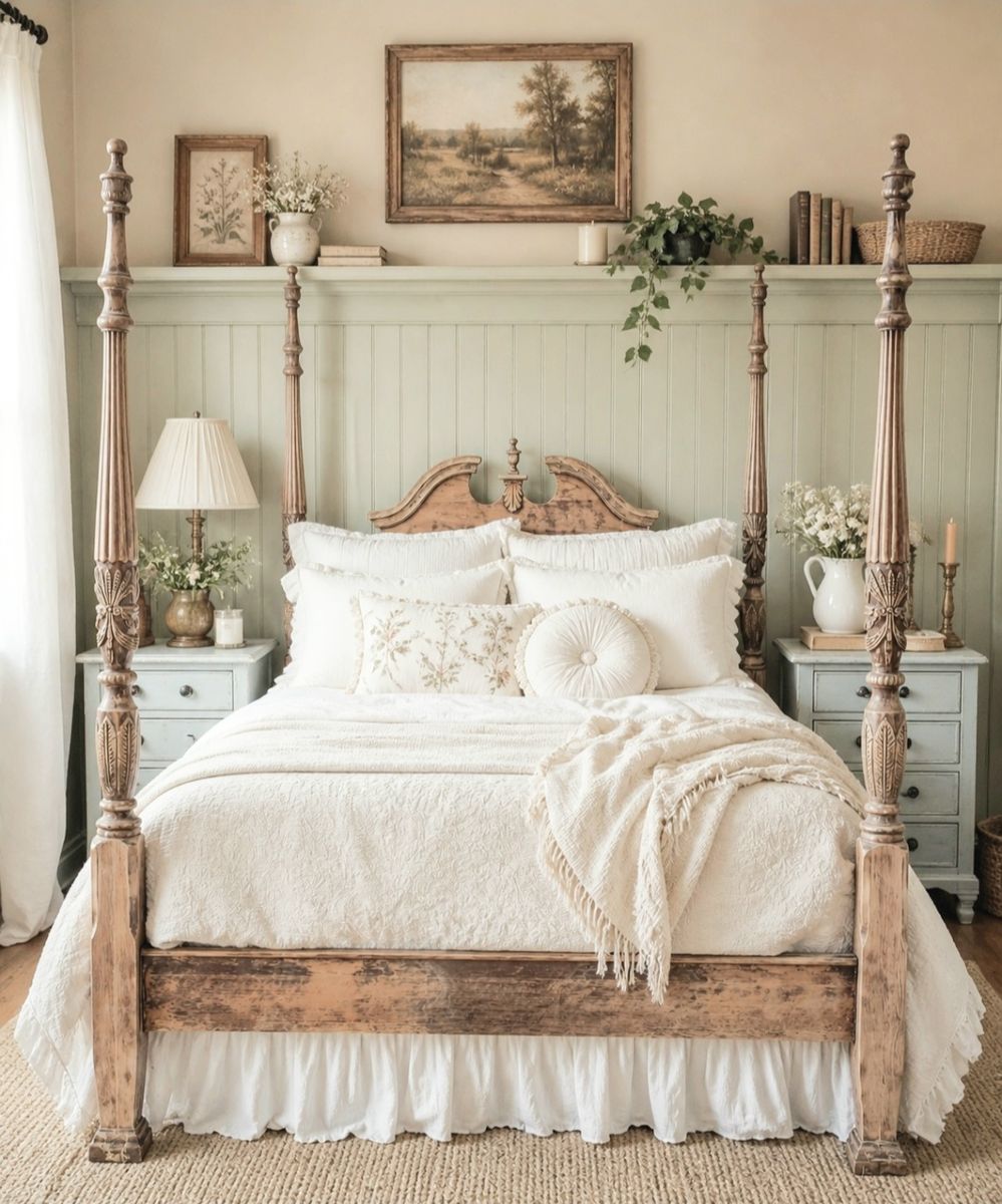 Weathered Natural Wood Queen 4 Poster Bed Frame Vintage Queen Anne Farmhouse Shabby Chic French Country