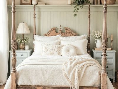 Weathered Natural Wood Queen 4 Poster Bed Frame Vintage Queen Anne Farmhouse Shabby Chic French Country