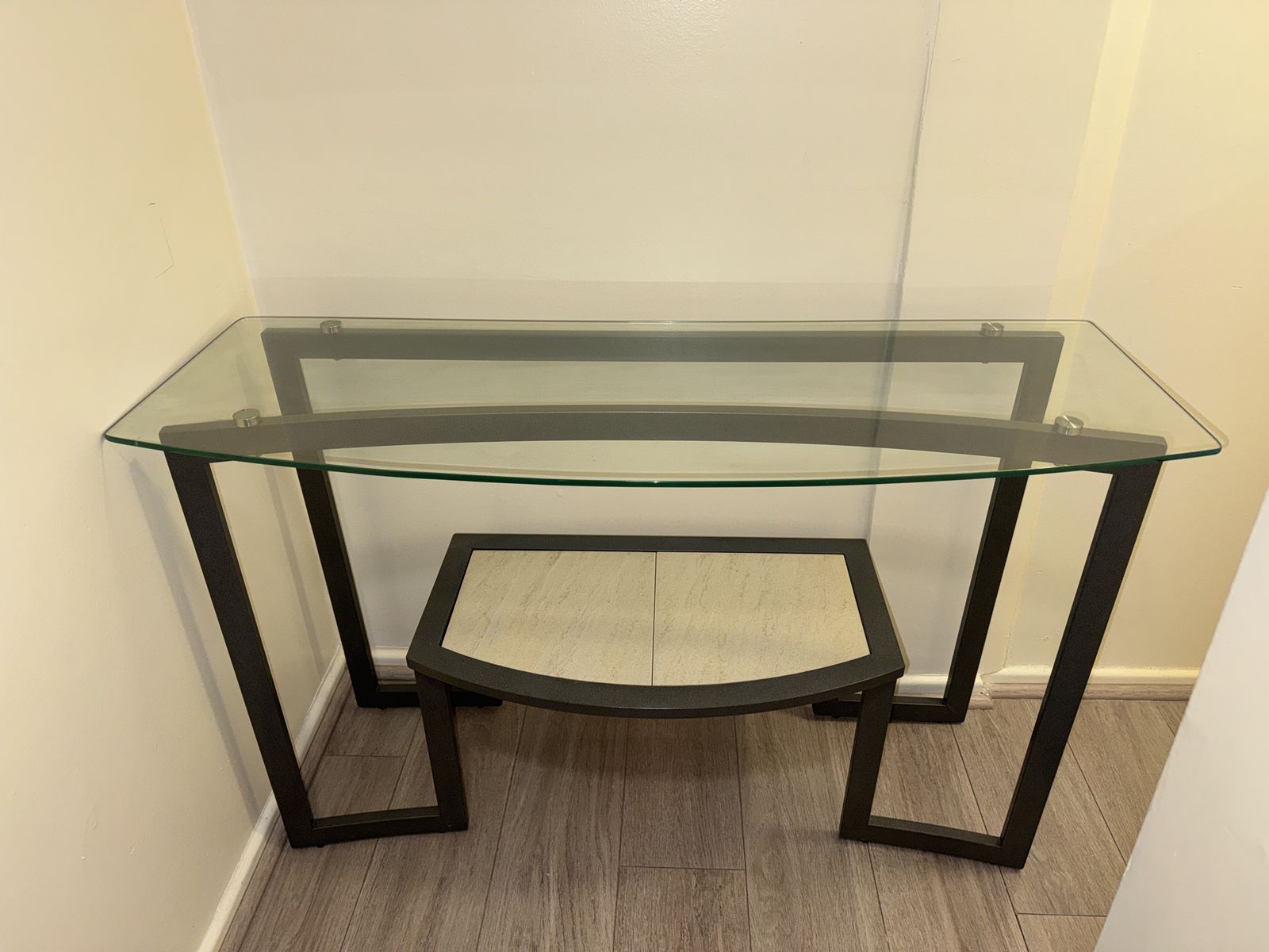 Modern Glass Console Table with Integrated Stone Shelf - Slim Design