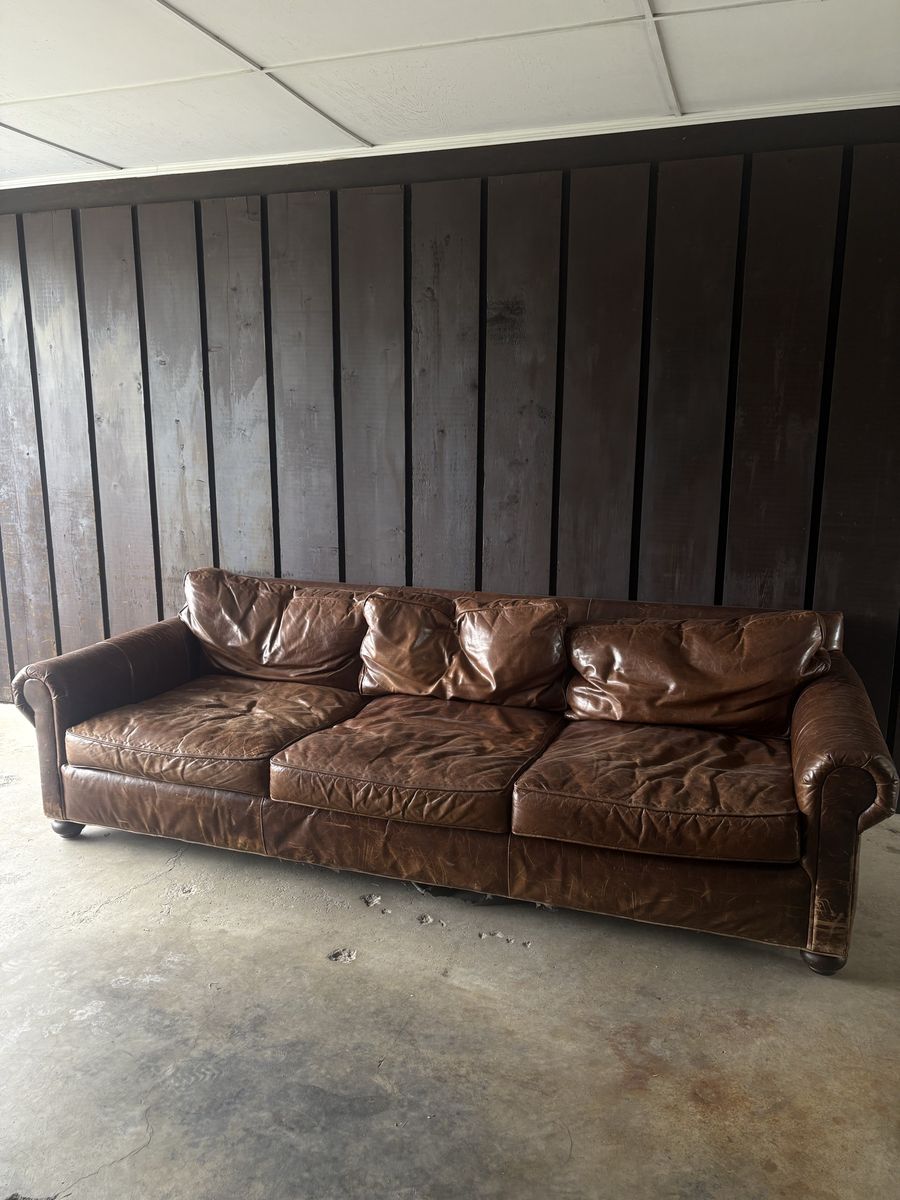 Vintage Brown Leather 3-Cushion Couch Sofa