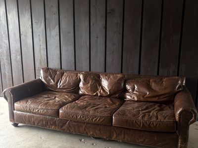 Vintage Brown Leather 3-Cushion Couch Sofa
