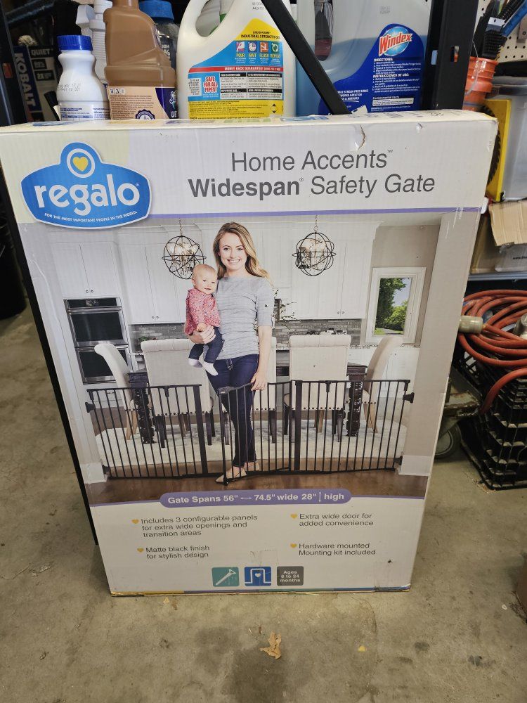 Regalo Home Accents Widespan Safety Gate - 56"-74.5" Wide, 28" High, Hardware Mounted, Matte Black
