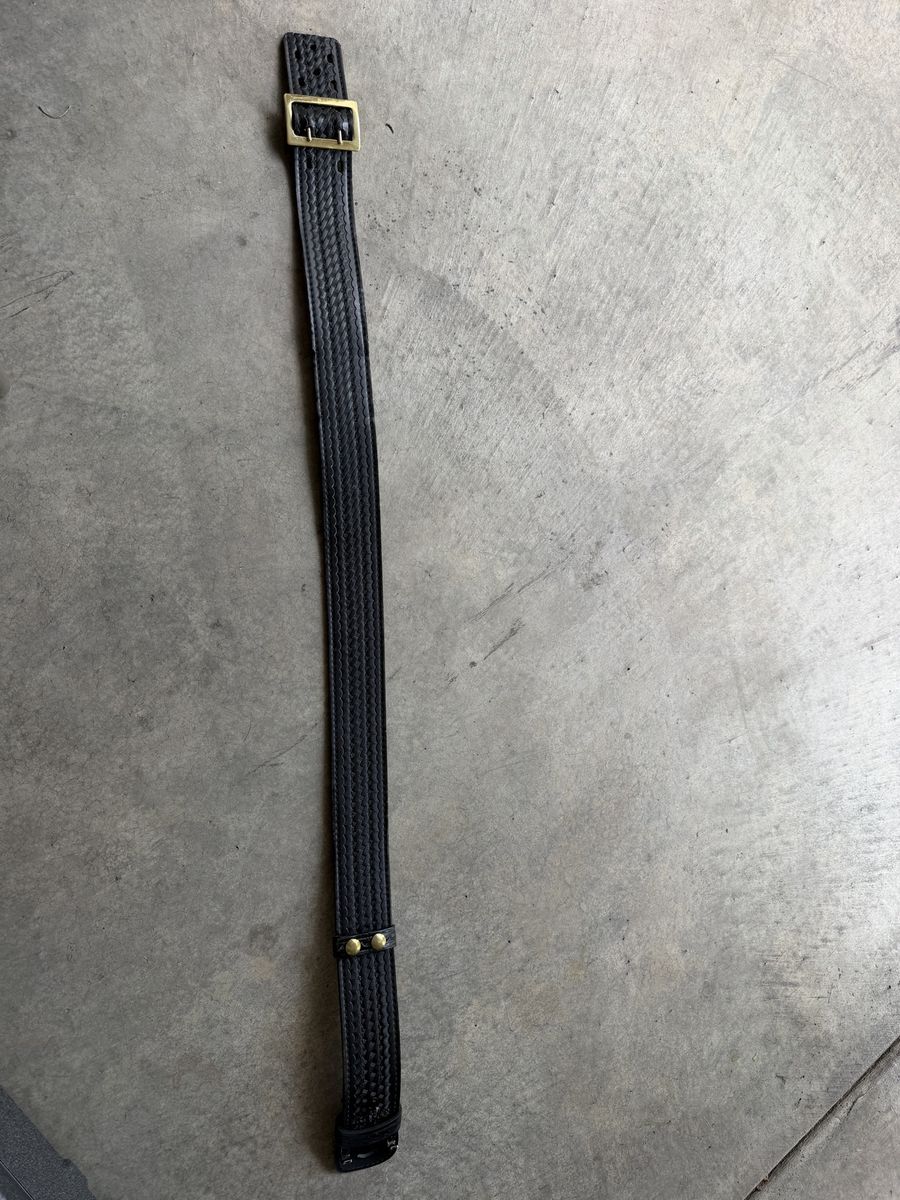 Black Woven Genuine Leather Belt with Brass Buckle - 35" Length, 2" Width