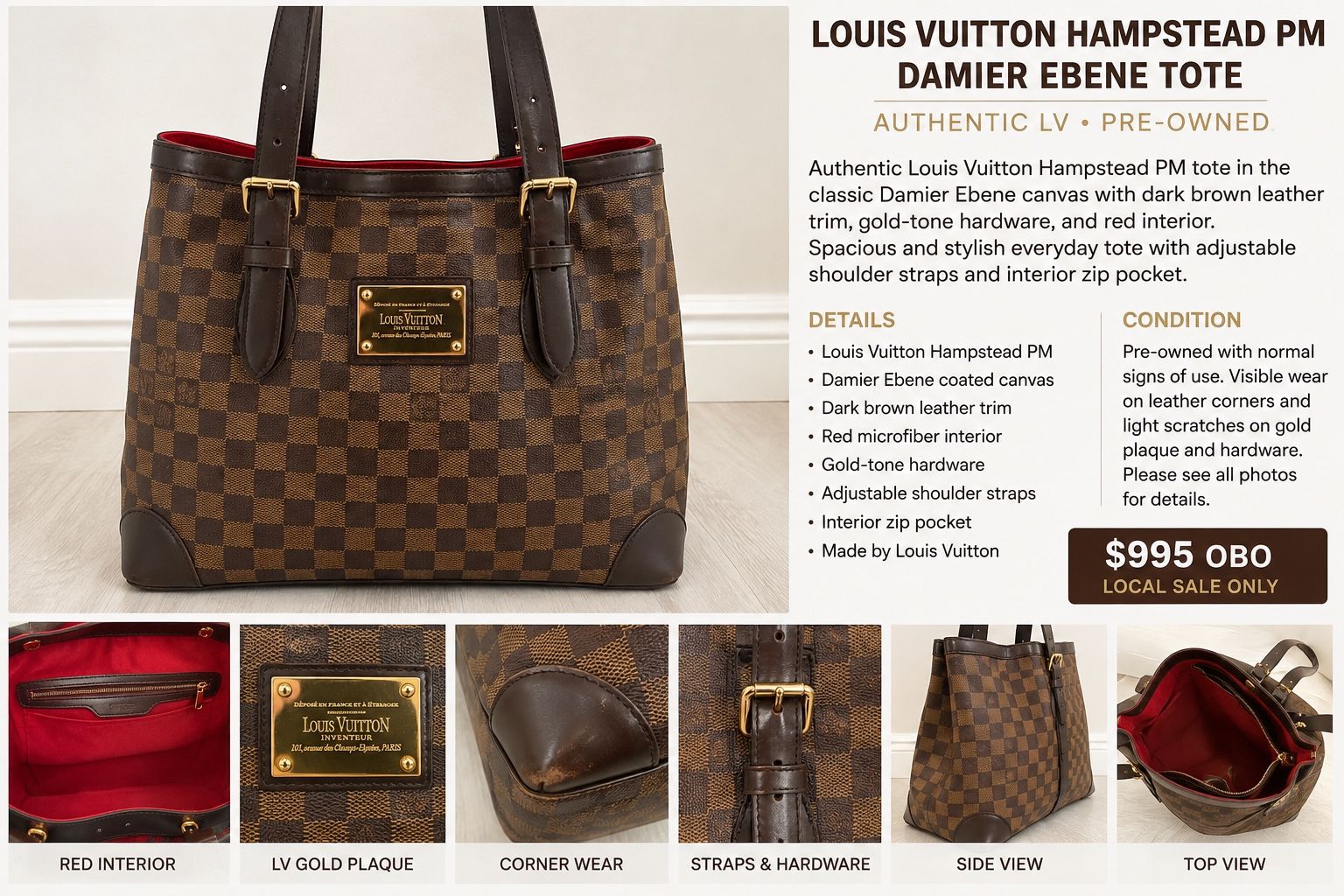Louis Vuitton Damier Ebene Tote Bag with Red Interior