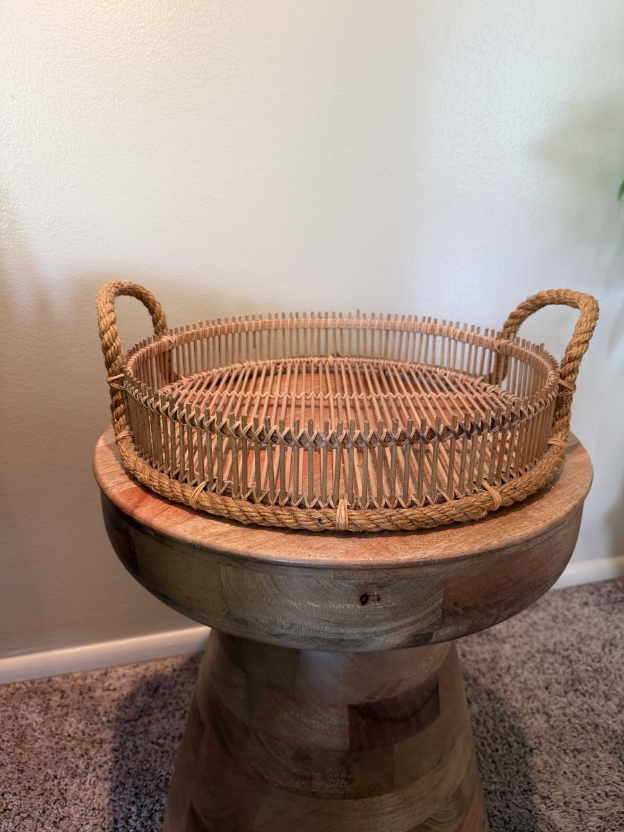 Woven Rattan Rope Handle Serving Tray, Decorative Ottoman Coffee Table Tray