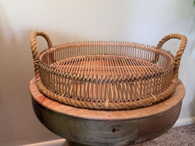 Woven Rattan Rope Handle Serving Tray, Decorative Ottoman Coffee Table Tray