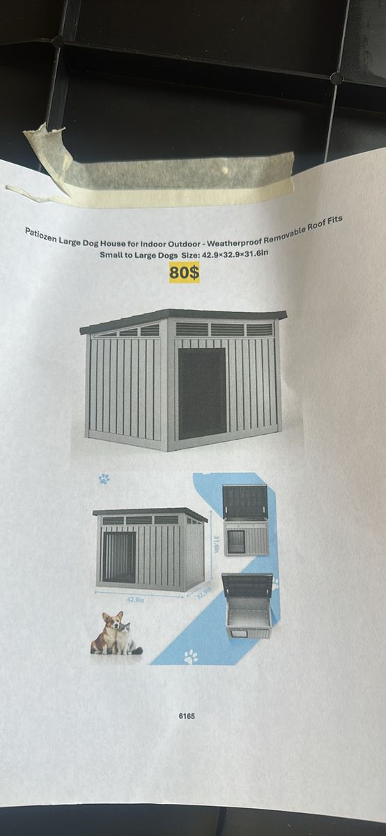 Patiozen Large Dog House Indoor Outdoor Weatherproof Removable Roof 42.9x32.9x31.6in