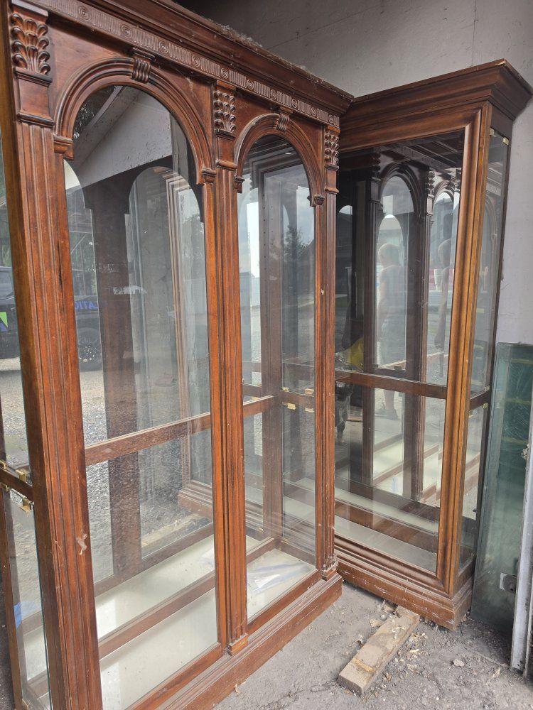 Vintage Wooden Curio Cabinet with Glass Panels and Arched Trim