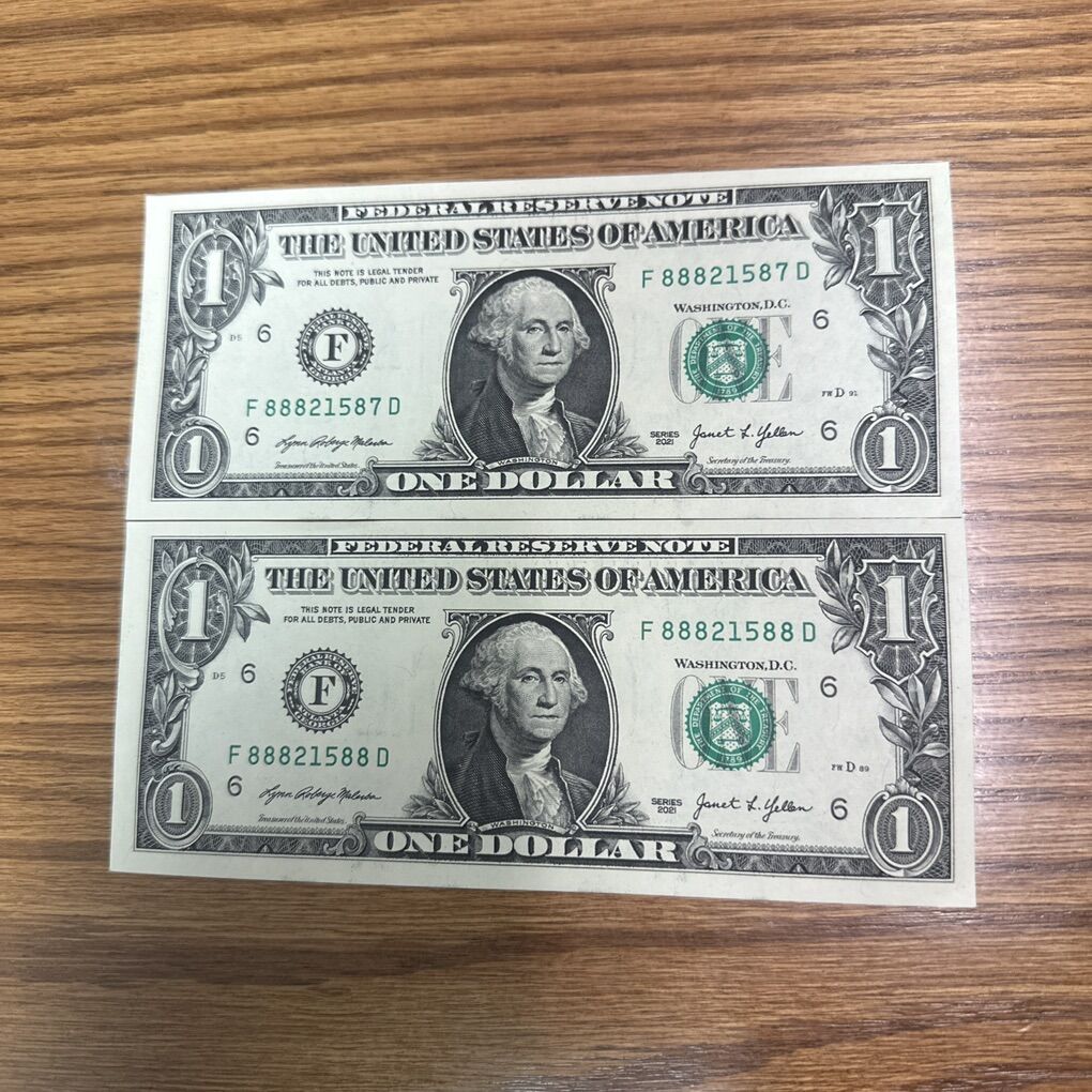 Two Fancy Serial Number One Dollar Bills