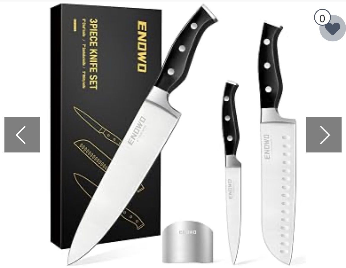 New, ENOWO 3-Piece Knife Set: 5" Utility, 7" Santoku, 8" Chef Knives with Perfect Balance & Ultra Sharpness