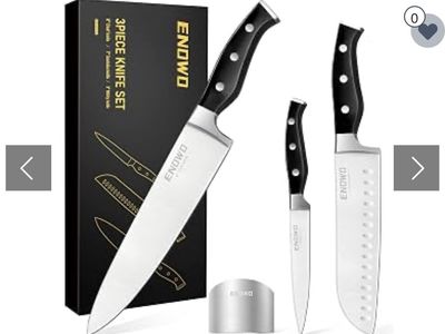 New, ENOWO 3-Piece Knife Set: 5" Utility, 7" Santoku, 8" Chef Knives with Perfect Balance & Ultra Sharpness