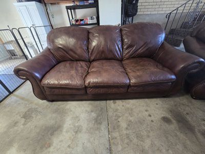 Genuine Brown Leather Living Room Sofa and Loveseat and Chair Set with Nailhead Trim 3 pieces!