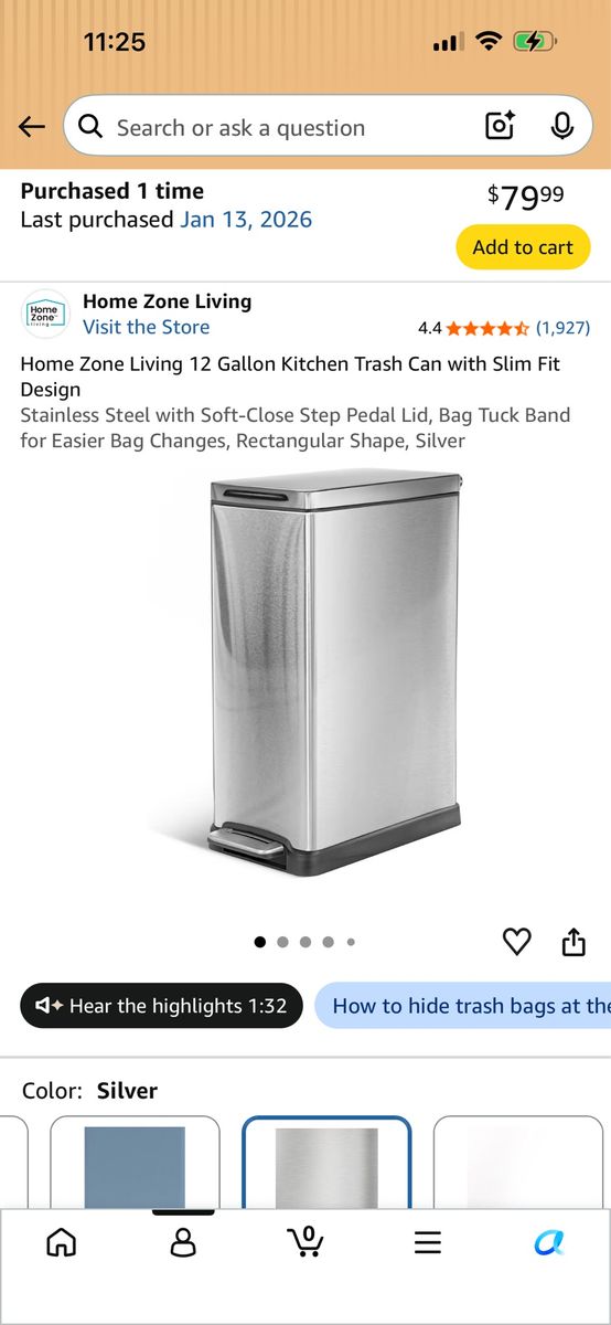Home Zone Living 12 Gallon Silver Stainless Steel Slim Soft-Close Step Kitchen Trash Can