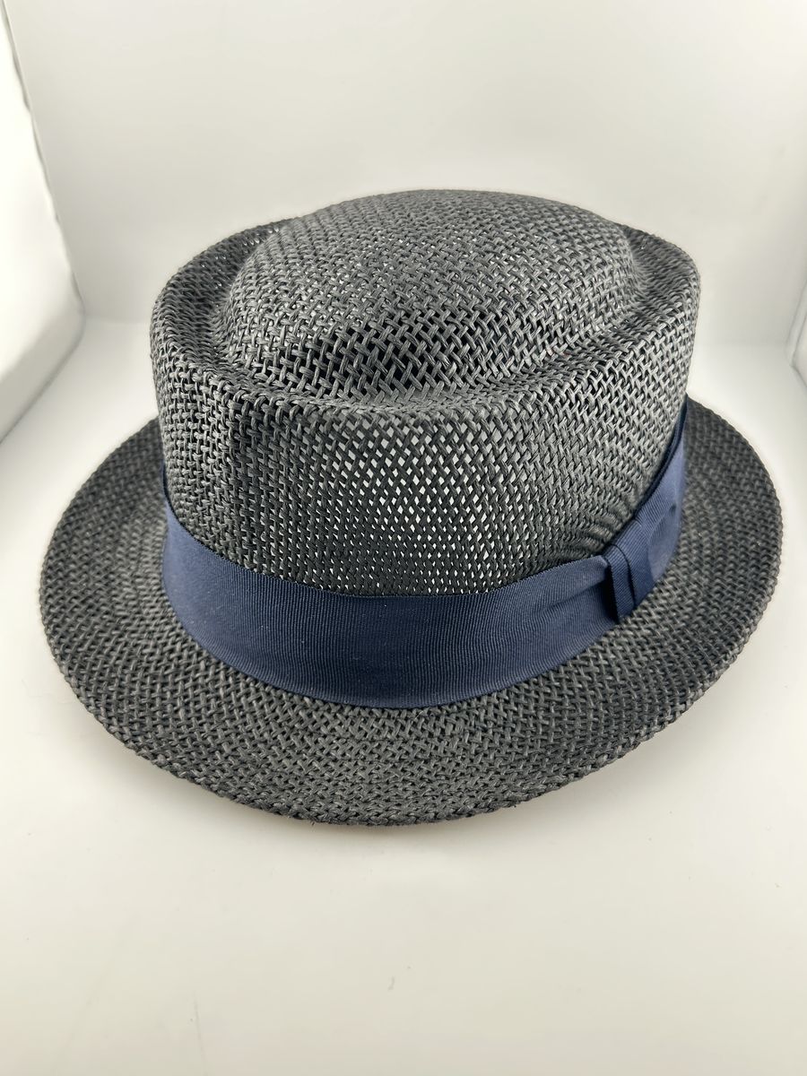 Newhattan Black Woven Fedora Trilby Summer Sun Hat Navy Band S/M Lightweight