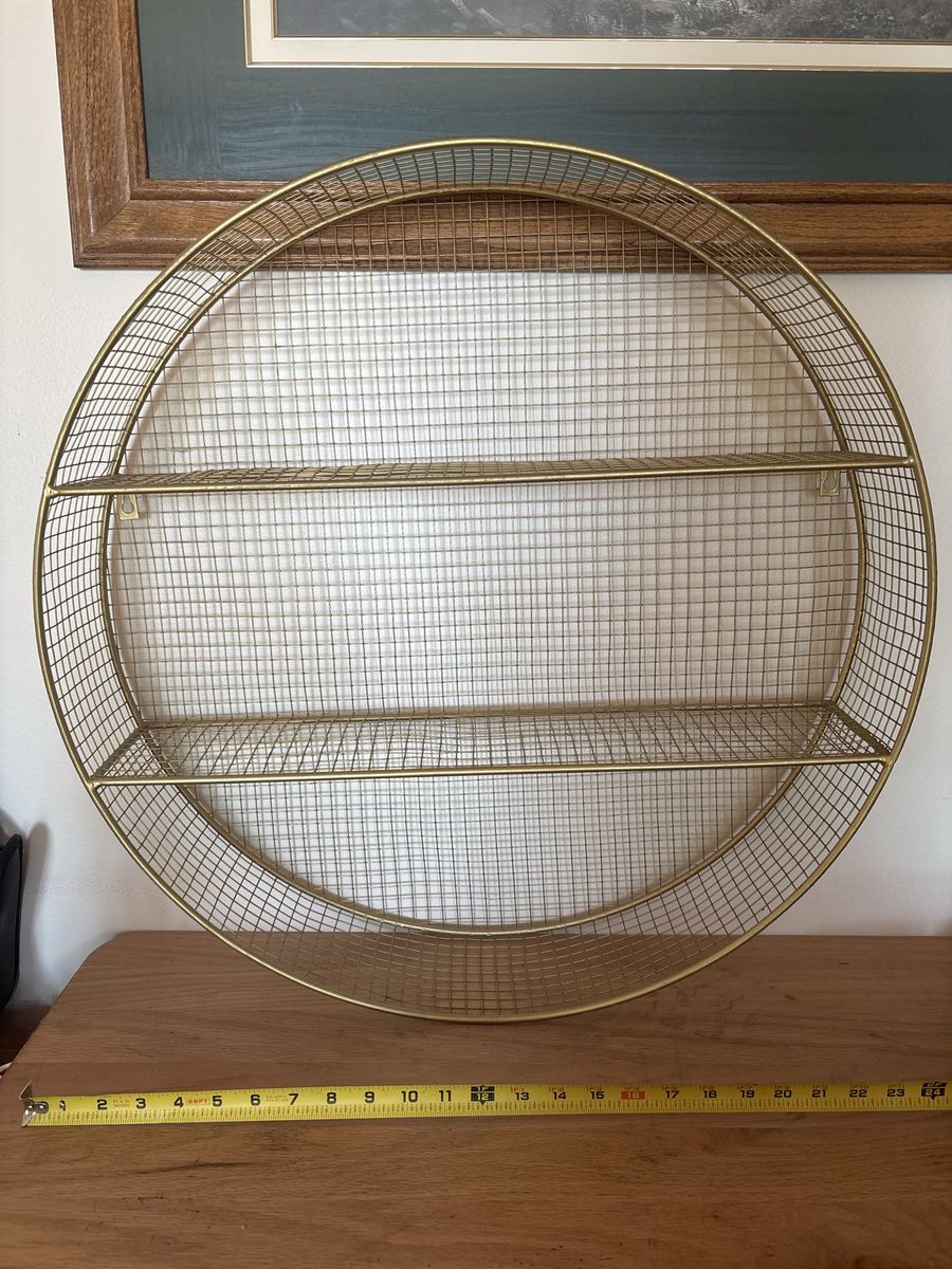 Round Gold Metal Wire Mesh Wall Shelf - 24 Inch Floating Display Unit