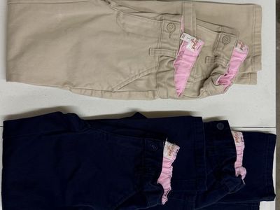 Cat & Jack Girls' School Uniform Lot: size 6 Khaki/Navy Skorts, sizes 6 and 7Pants & Blue/Navy Polo Shirts, Size small 6/7