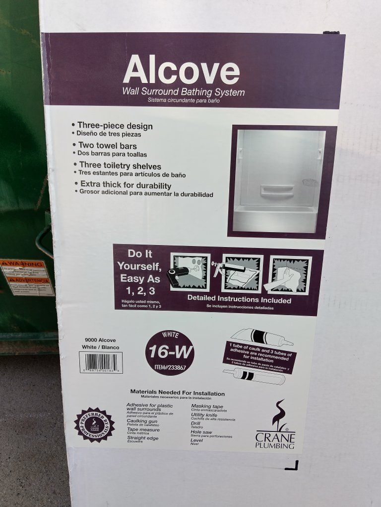 New Crane Plumbing Alcove Wall Surround Bathing System White
