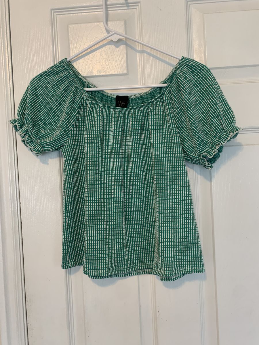 W5 Women's Green & White Puff Sleeve Top - Size Small