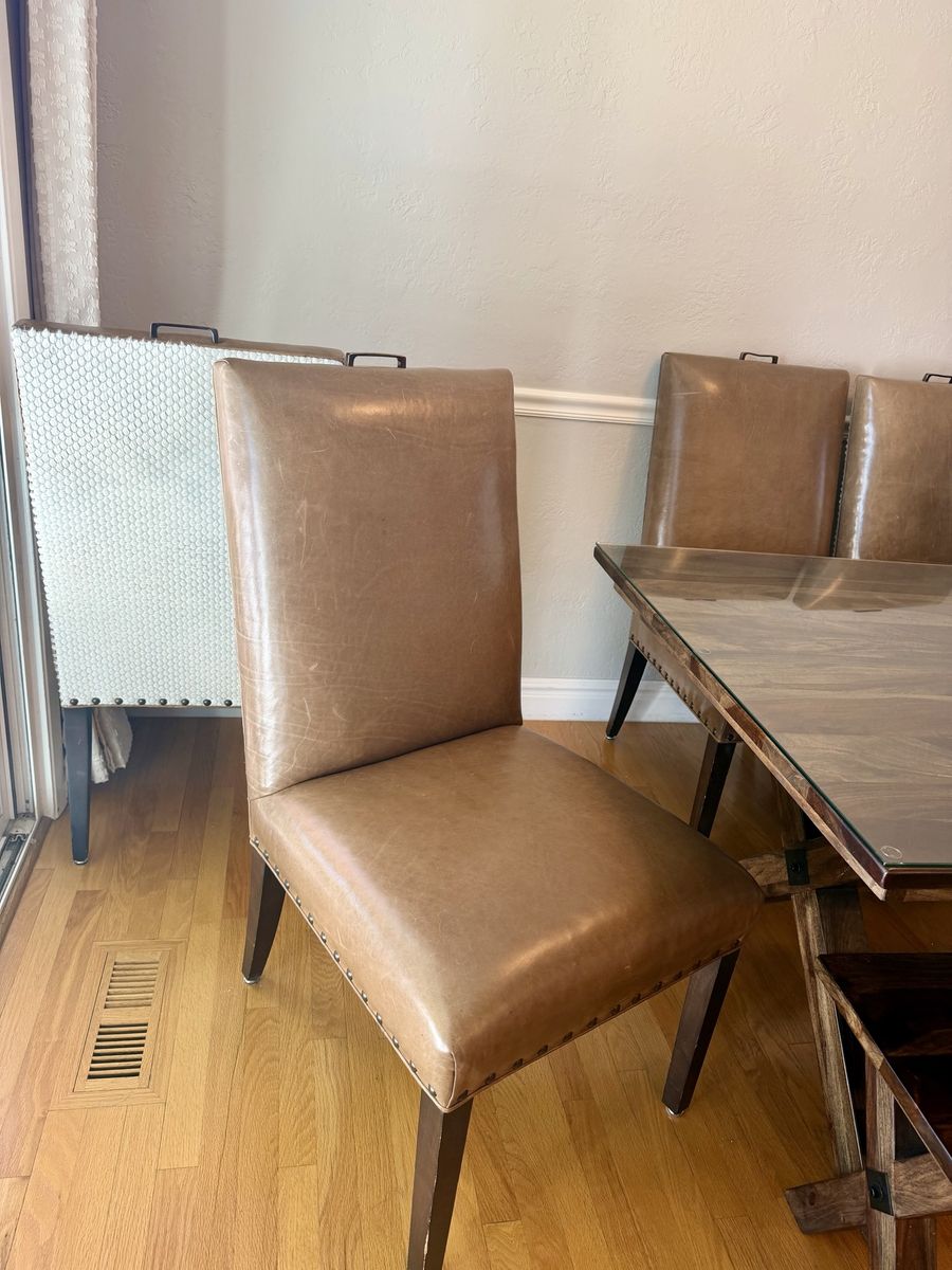Wesley Hall Designer Leather Dining Chair with Nailhead Trim and Metal Top Handle