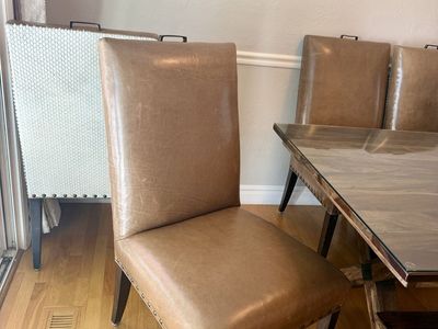 Wesley Hall Designer Leather Dining Chair with Nailhead Trim and Metal Top Handle