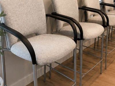 Modern Gray Upholstered Bar Stools with Black Arms and Metal Frame (Set of 4)