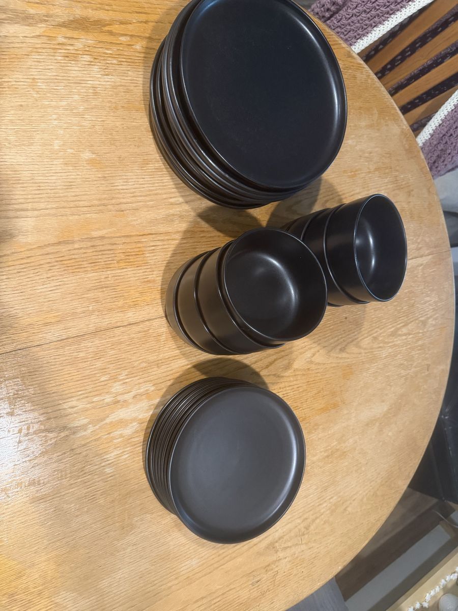 Used Black Dinnerware Set - 12 Dinner Plates, 12 Salad Plates, 12 Bowls - Minor Chip