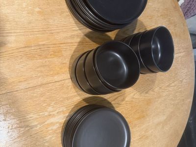 Used Black Dinnerware Set - 12 Dinner Plates, 12 Salad Plates, 12 Bowls - Minor Chip