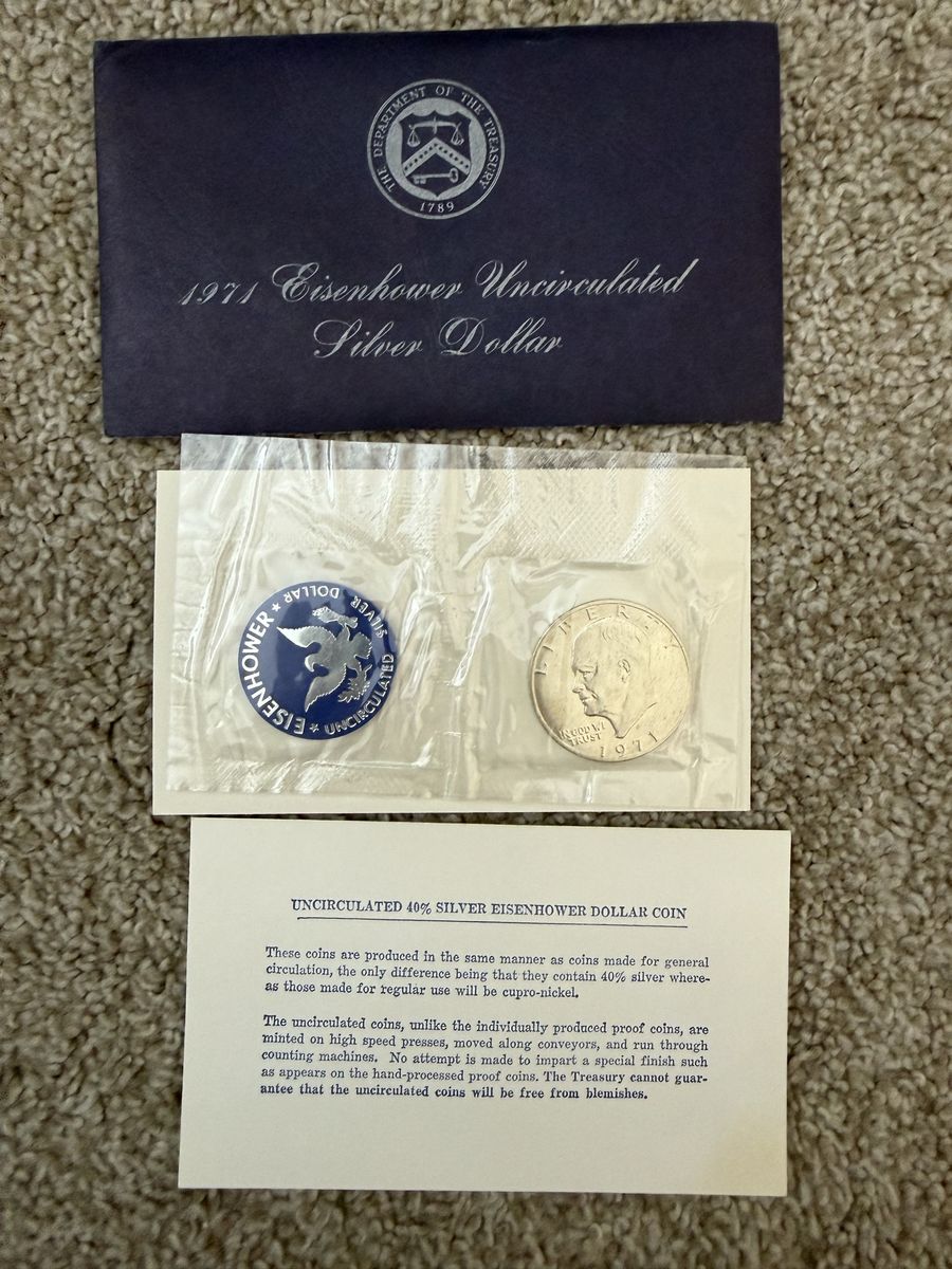 1971 Eisenhower Uncirculated 40% Silver Dollar Coin with Original Envelope