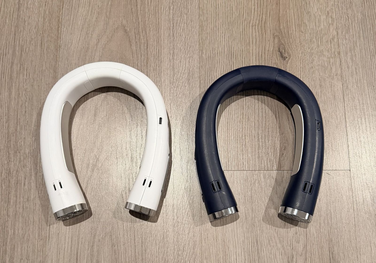 Two Hands-Free Neck Fans - White and Navy Blue, USB Rechargeable, Tested