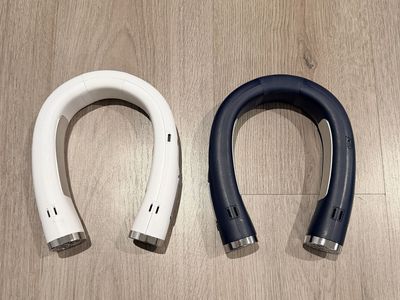 Two Hands-Free Neck Fans - White and Navy Blue, USB Rechargeable, Tested