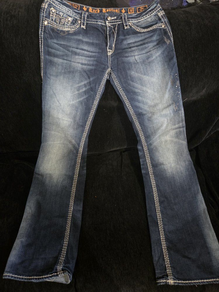 Rock Revival Kai Bootcut Denim Jeans Size 32 Flap Pocket Distressed