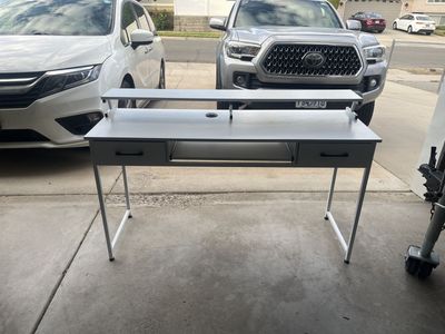 Modern Gray Computer Desk with Shelving & Drawers - White Metal Frame, Keyboard Tray
